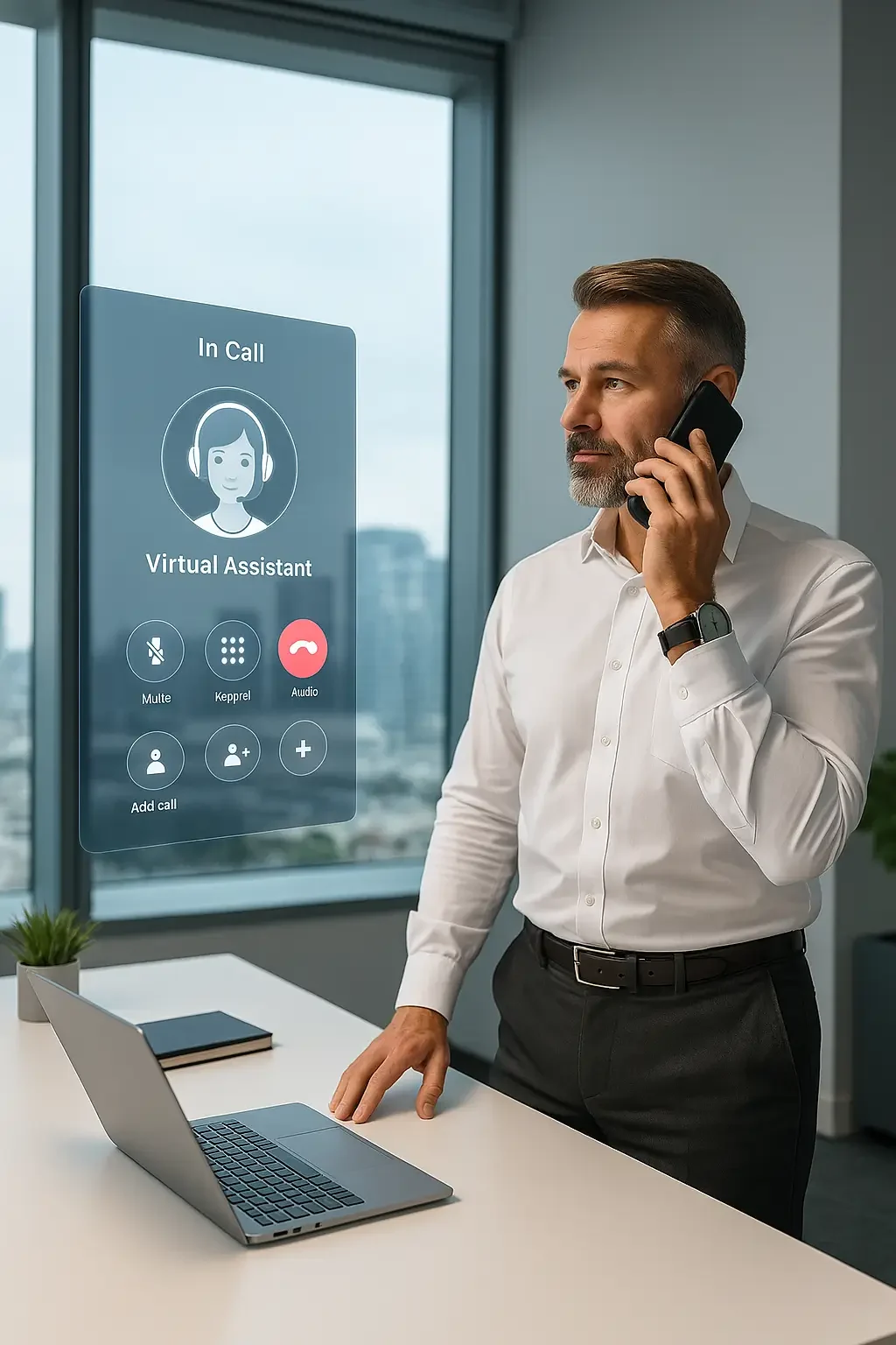 Ejecutivo siendo atendido por un asistente virtual de llamadas con IA